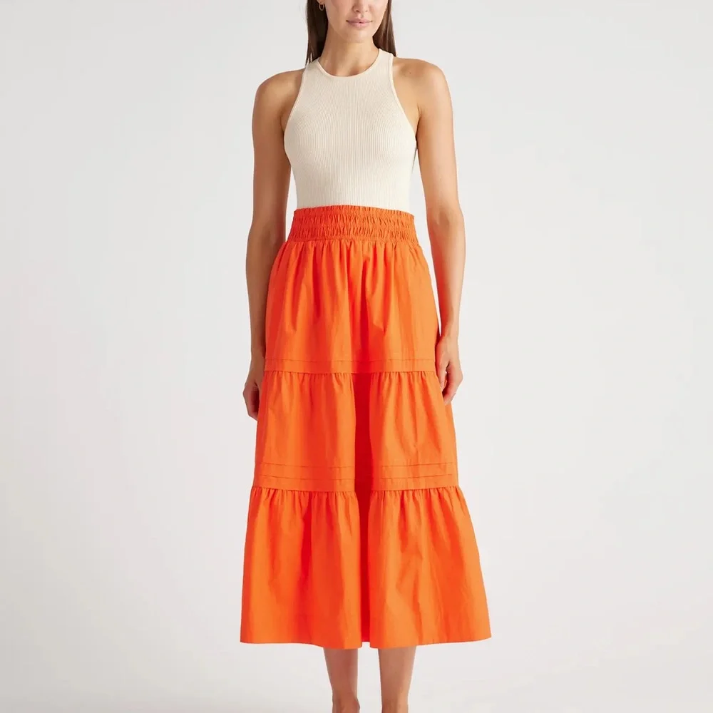 Quince 100% Organic Cotton Poplin Tiered Maxi Skirt In Vermilion Red - Picture 10 of 12